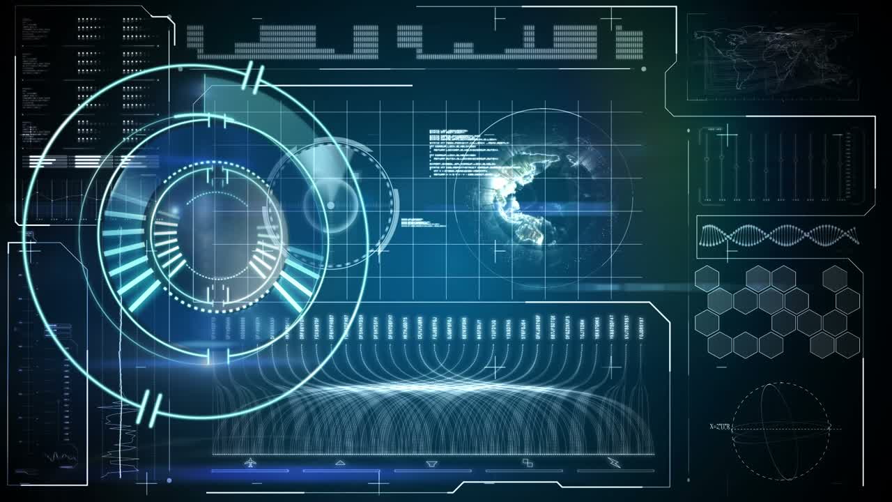 Animation of processing circle over screen with data and globe