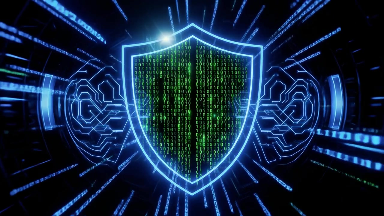 Animated Digital Security Shield with Flowing Binary Code
