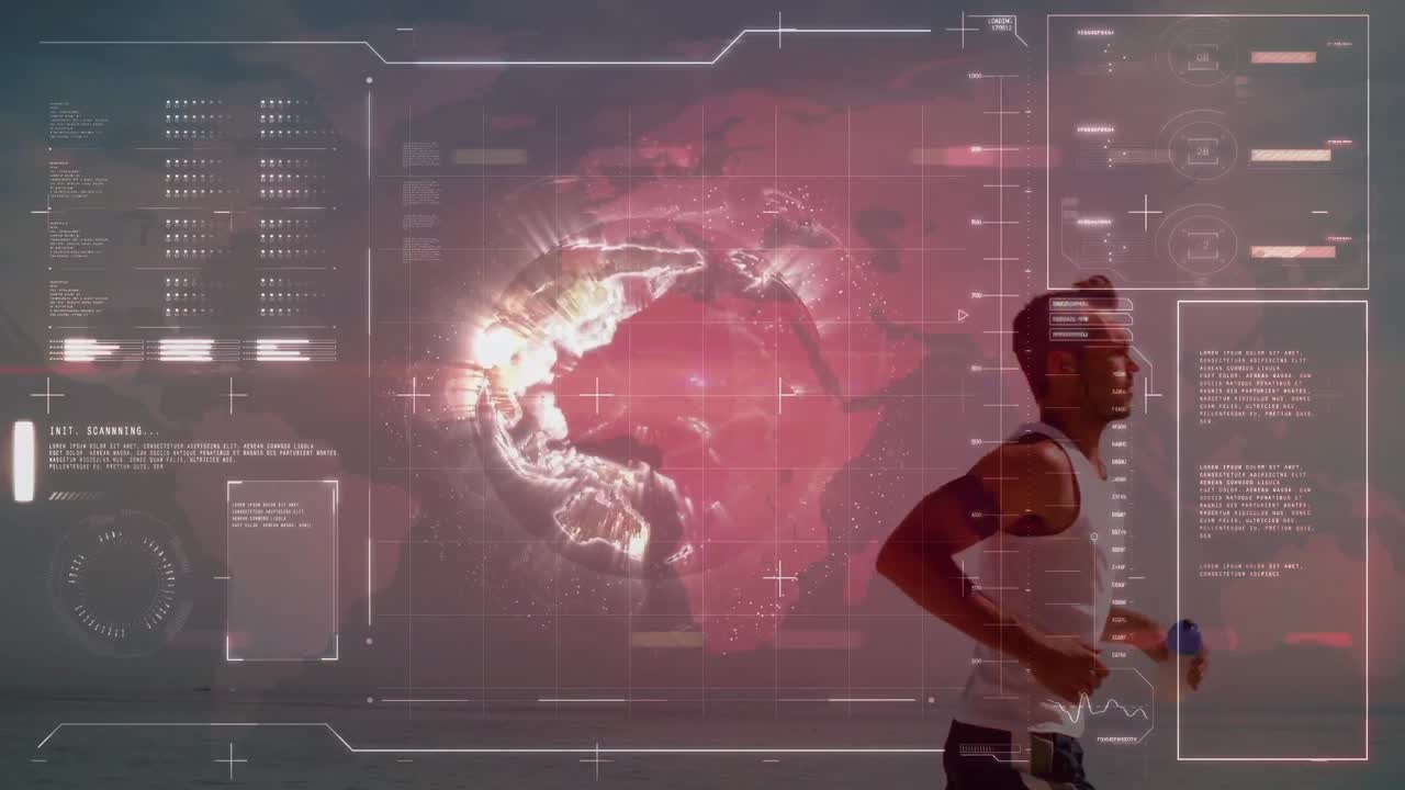 Animation of digital screen with data over caucasian male runner