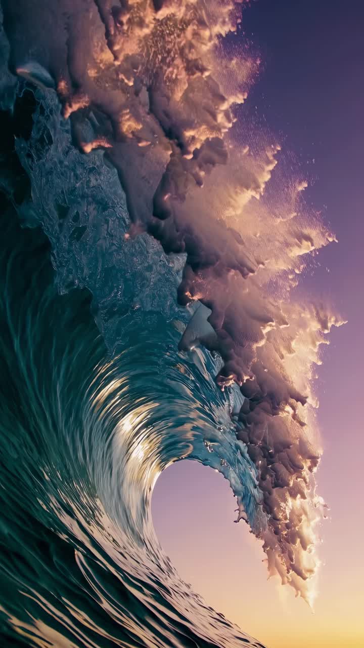 Drammatico scatto dal basso angolo di un'onda che si infrange al tramonto, catturando il movimento dinamico e i colori vivaci