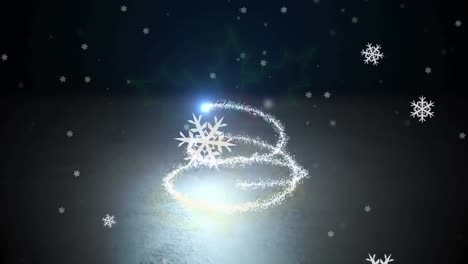 animation of bells and snowflakes over christmas tree on black background