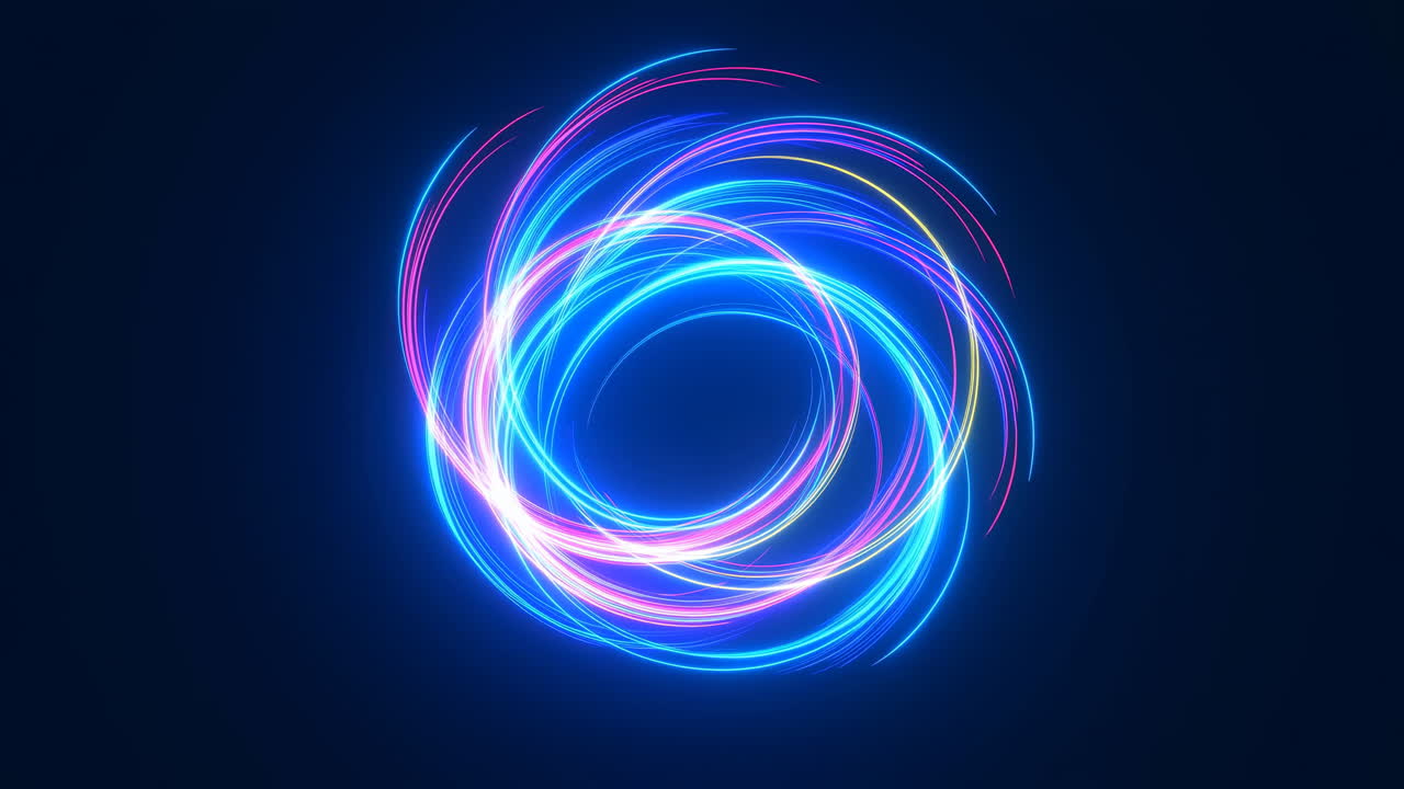 Dynamische abstracte neoncirkels wervelend op donkere achtergrond