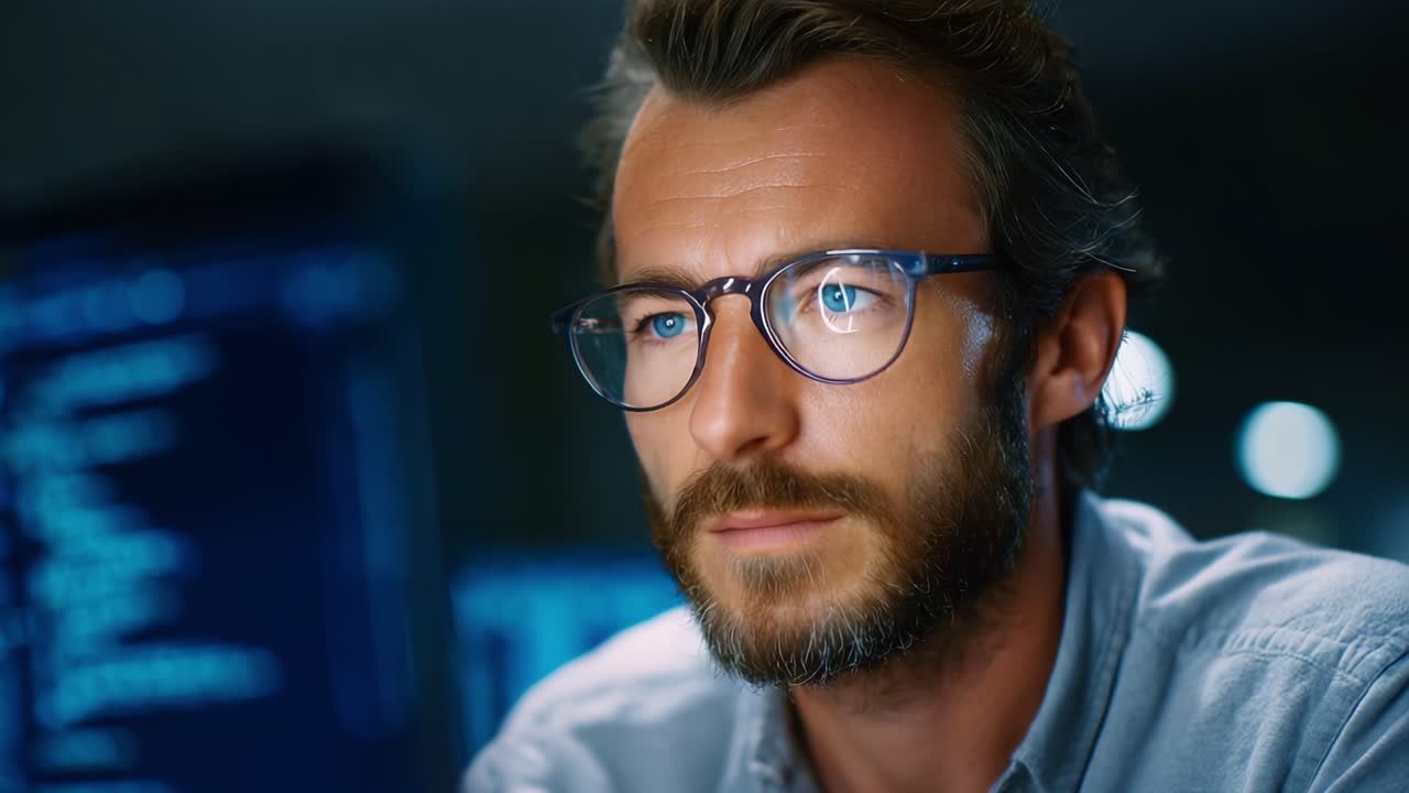 Konzentrierte Person analysiert Daten auf dem Computerbildschirm in einer schwach beleuchteten Umgebung, wobei Konzentration und Technologieeinsatz in modernen Arbeitsbereichen erfasst werden