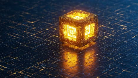 a radiant digital cube glows amidst a complex matrix of illuminated patterns, showcasing future technology and intricate designs in a stunning visual display