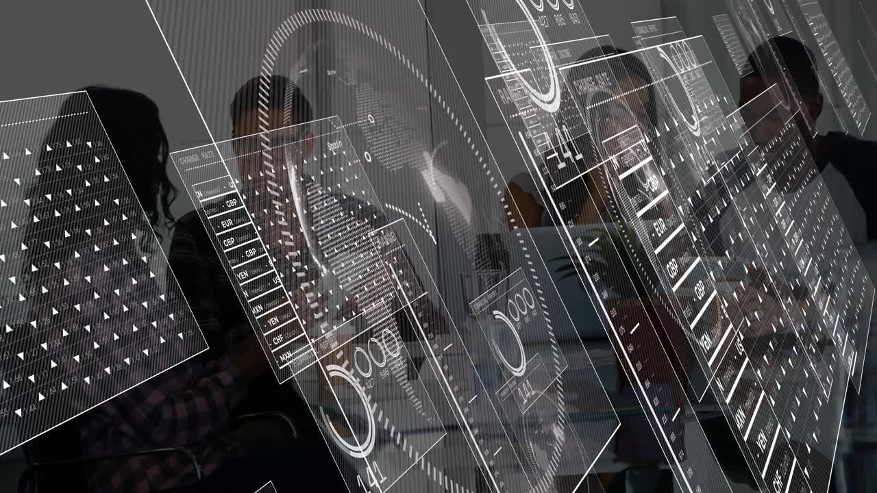 Team collaborating around conference table, showing floating finance charts, graphs and world map