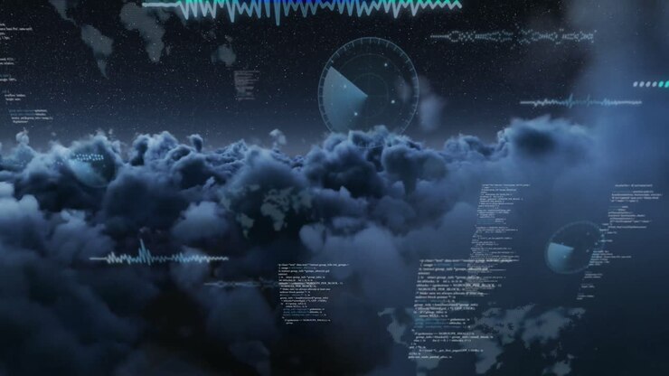 Animation of data processing over sky with clouds