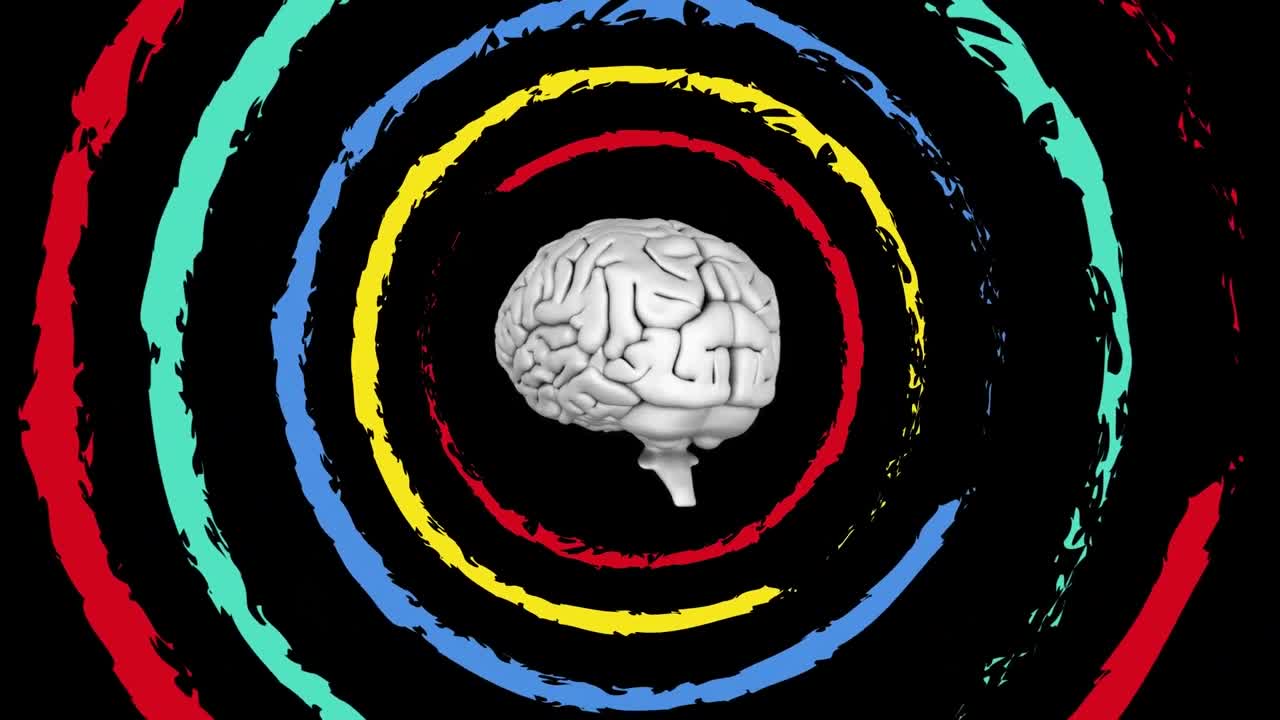 검은 바탕에 다채로운 움직이는 원과 디지털 뇌의 애니메이션