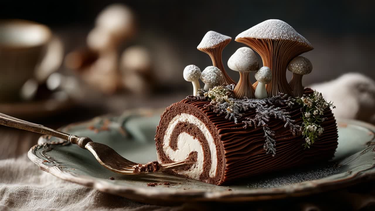 This elegant dessert features a beautifully crafted chocolate log cake topped with intricately designed edible mushrooms, showcasing exquisite artistry and a delightful blend of flavors, perfect for any occasion