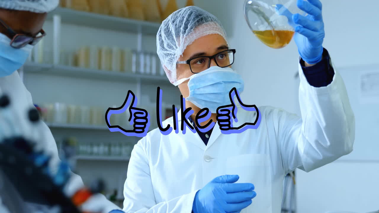 Scientist in lab coat examining liquid with like text and thumbs-up animation