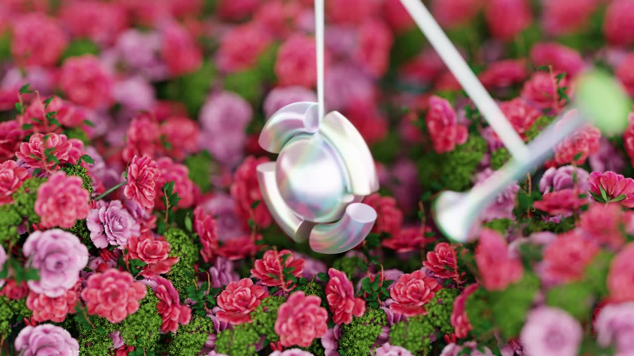 3D rendering loop of hanging objects swinging through ring above flowers