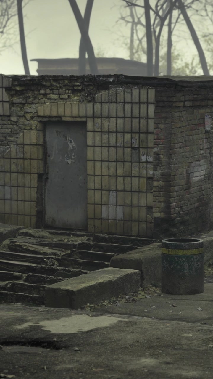 Edificio con muri grezzi e un cassonetto metallico in un'area boschiva.