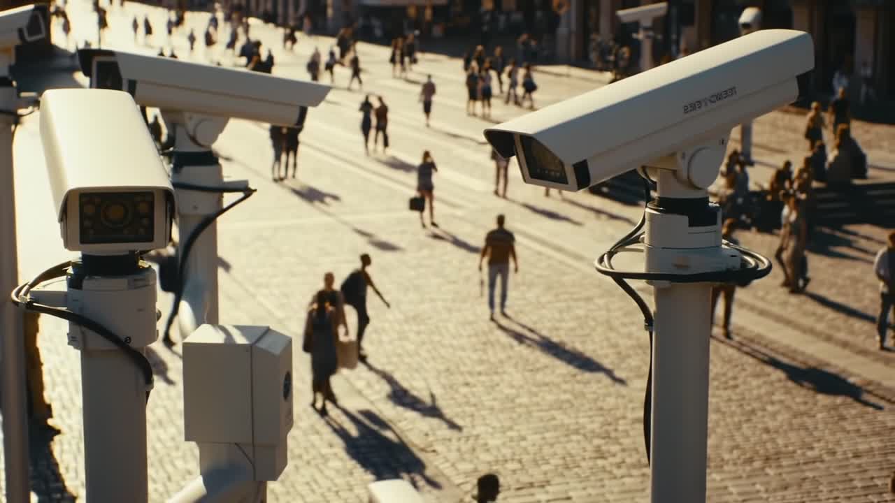 Surveillance Camera Installations Overlooking Busy Pedestrian Street During Golden Hour, Capturing Everyday Life in an Urban Environment