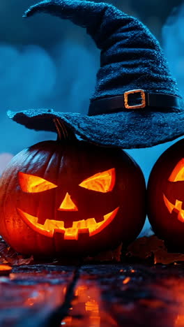 two pumpkins with glowing eyes and a black hat on top of them.