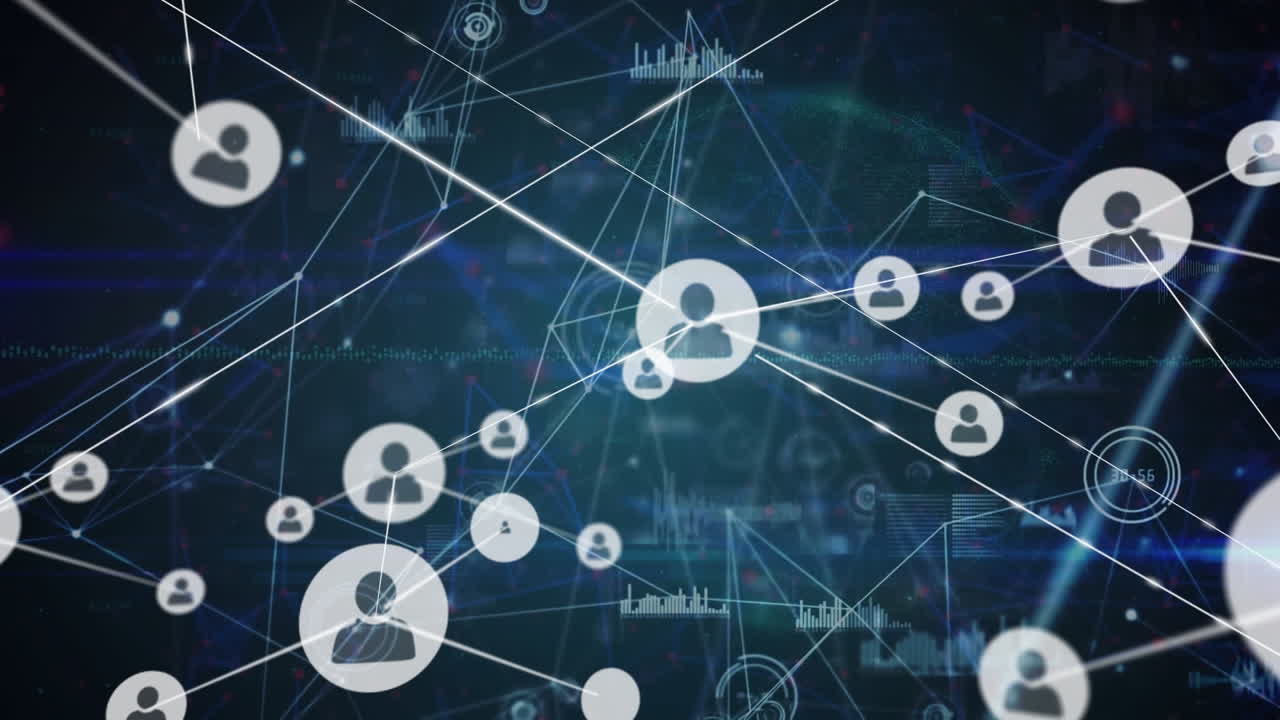 Animation of network of connections with icons and data processing