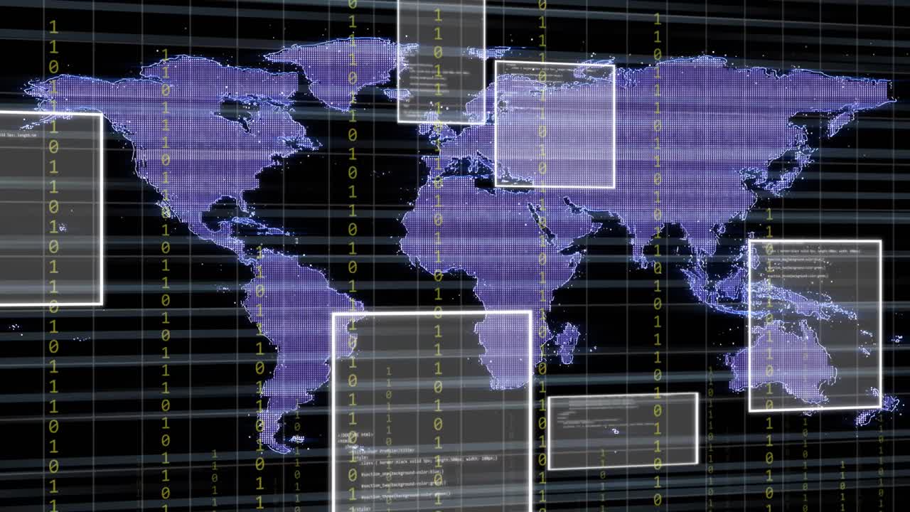 Animation of data processing and binary coding over world map