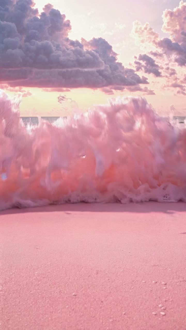 A serene video captures a low-angle view of waves gently lapping a sandy beach at sunset