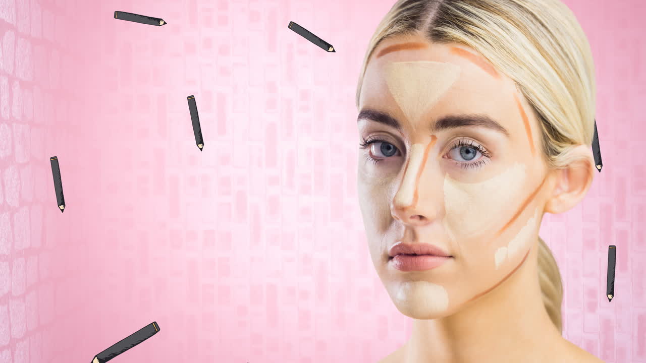 Animation of pencils repeated with woman on white background
