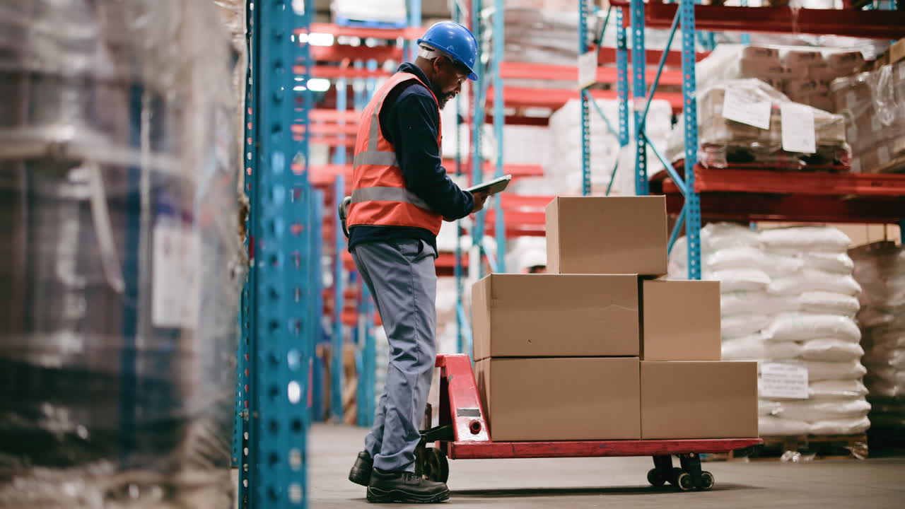 Trabajador de almacén apilando cajas y revisando inventario en un carro de mano