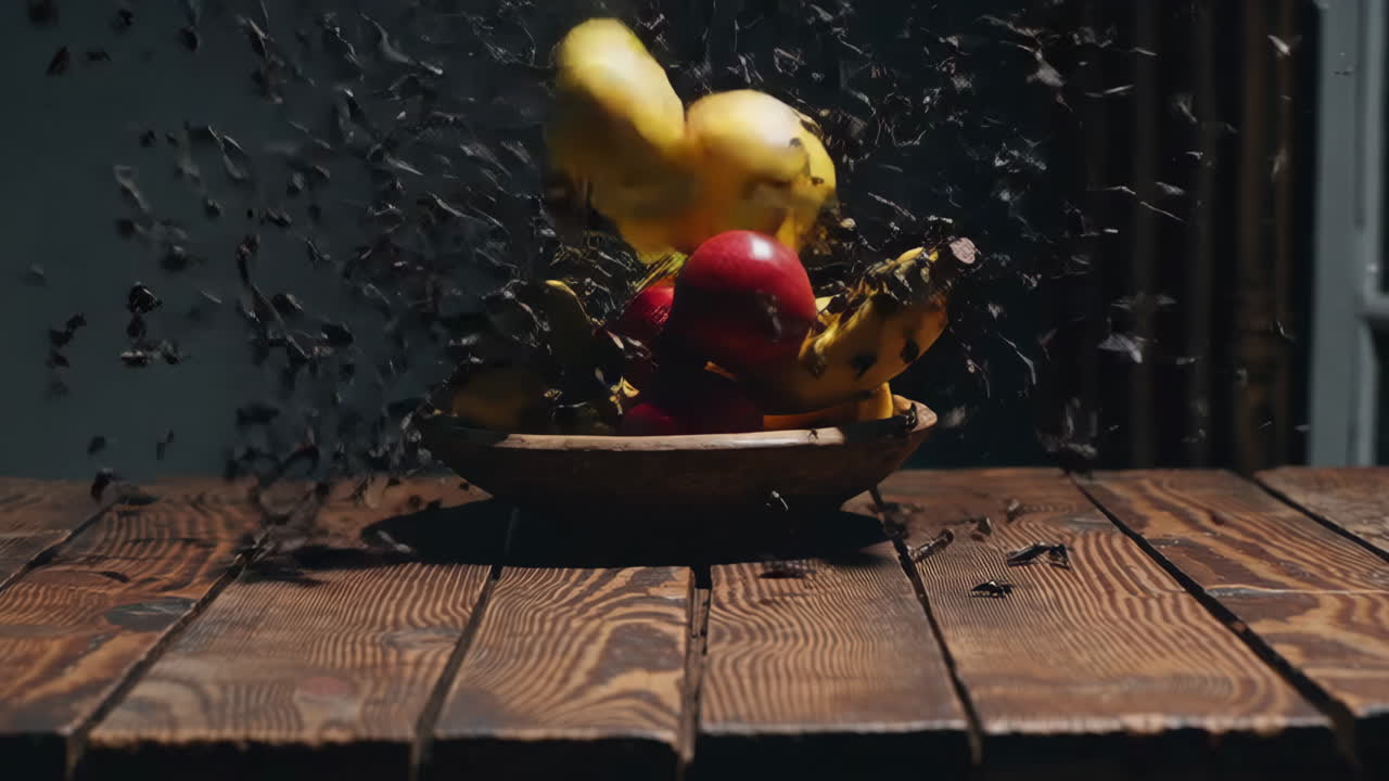 Fruit Bowl with Flying Particles
