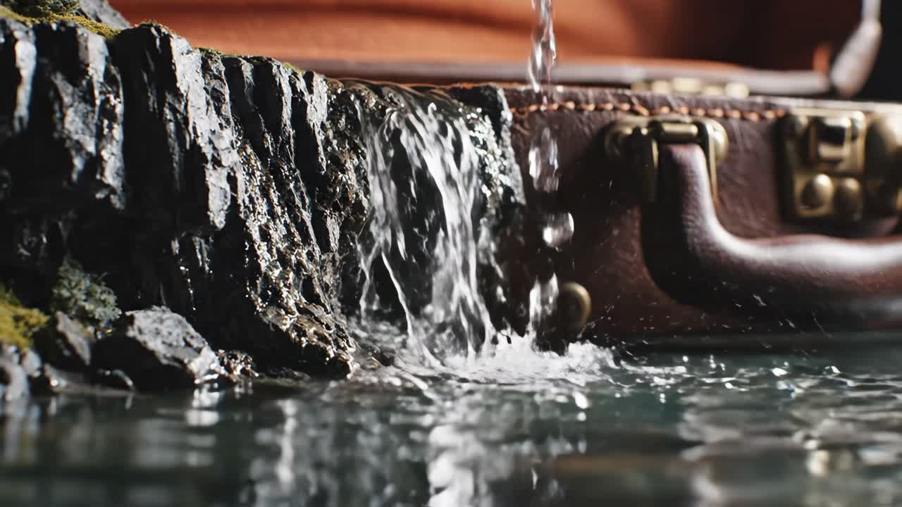 Miniature waterfall flowing over a briefcase