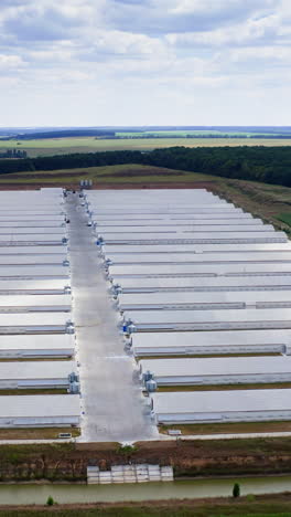 agricultural new modern buildings in rural area. poultry farm built in field. industrial place for cattle growing. view from above. vertical video
