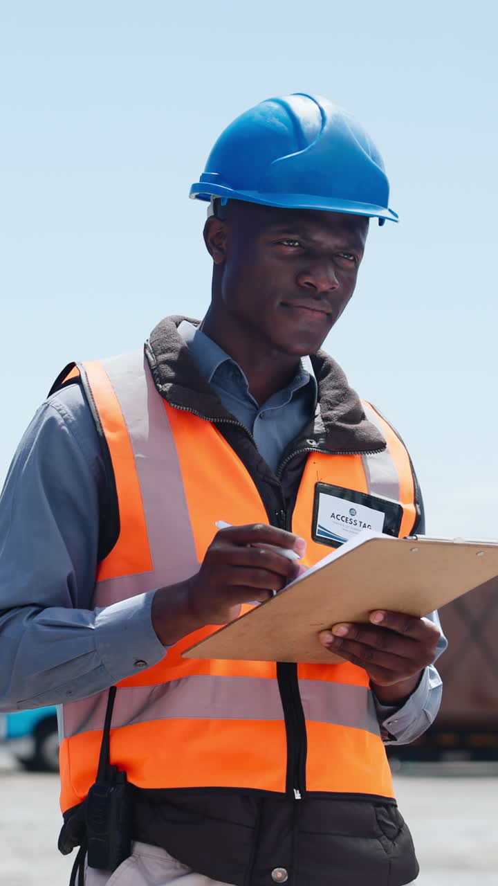 African Man in Hard Hat and Safety Vest Writing on Clipboard and Smiling
