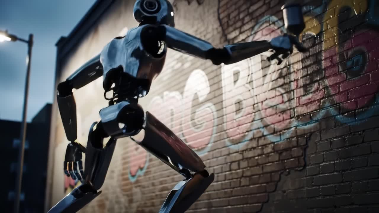 A Futuristic Robot Artist in Action, Creating Vibrant Graffiti Against a City Wall at Dusk, Merging Technology with Creative Expression in a Unique Urban Scene