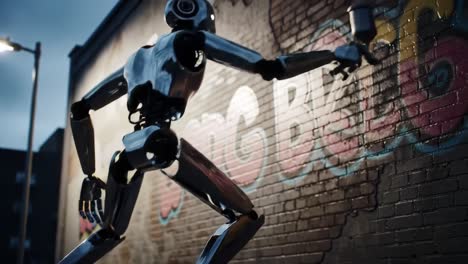a futuristic robot artist in action, creating vibrant graffiti against a city wall at dusk, merging technology with creative expression in a unique urban scene