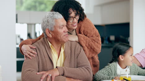 woman, hug senior father and dinner table