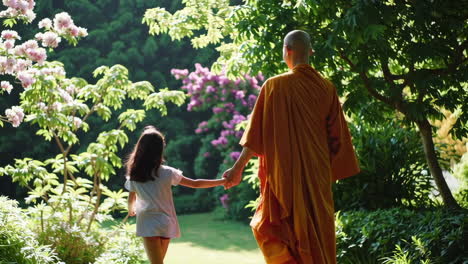 monk and child in a garden