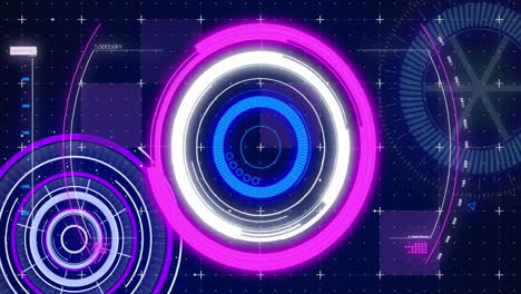 animation of scopes scanning and data processing over screen on blue background