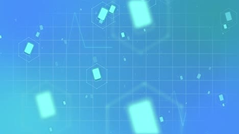 animation of medical icons and data processing over grid on blue background