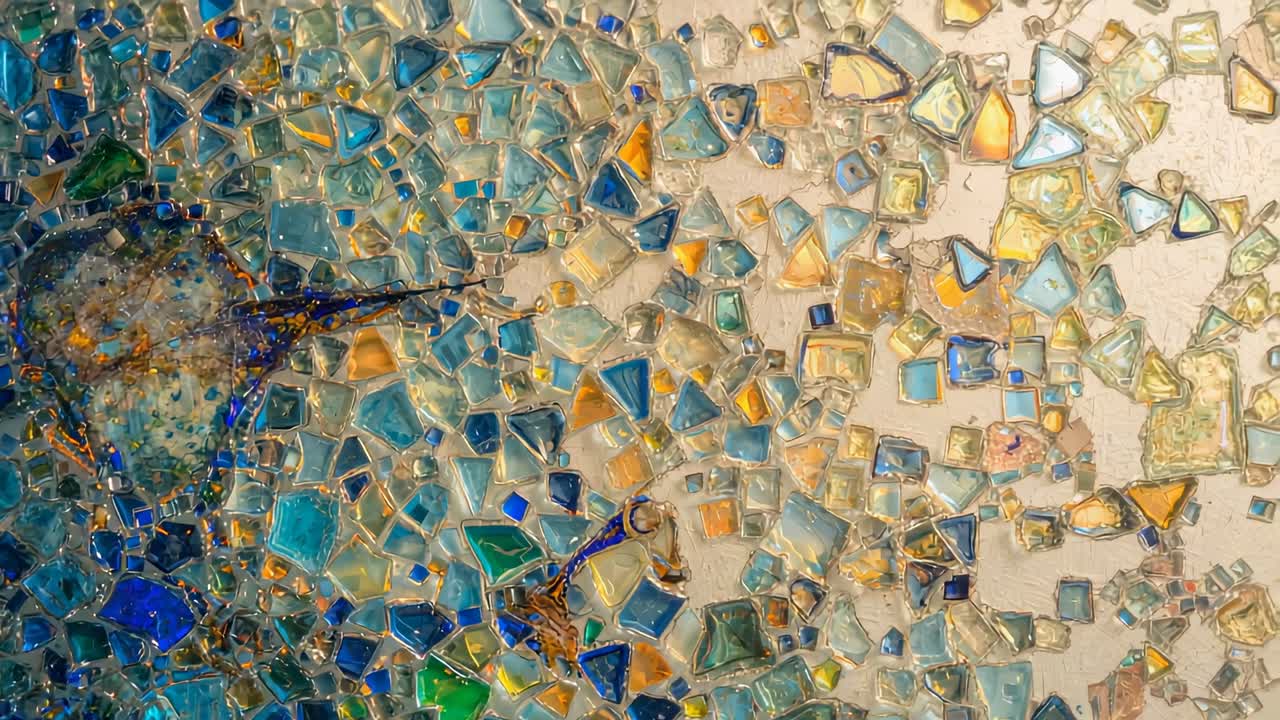 Camera operator starting pan across mosaic in gallery, revealing warm color shift in glass tesserae