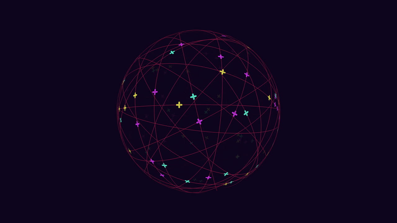 Dark sphere with intricate network of red and pink lines, sparkling stars