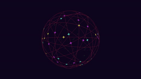 Dark-sphere-with-intricate-network-of-red-and-pink-lines,-sparkling-stars