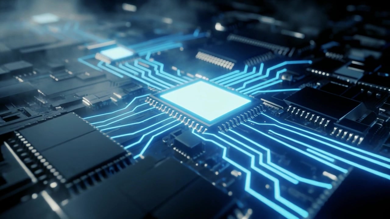 Digitalt printkort med glødende blåt dataflow