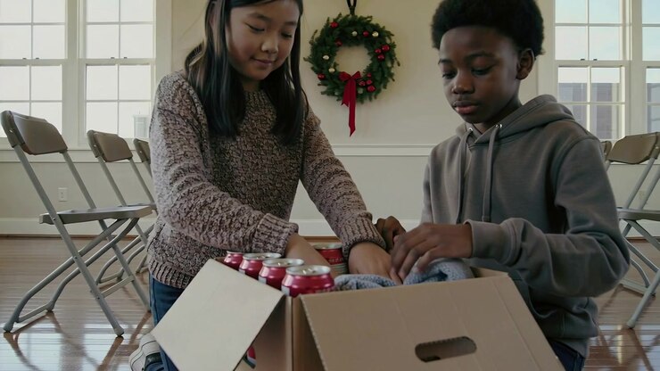 Packing from open box at hall, kids placing cans, tucking blanket, helping, sweater, hoodie