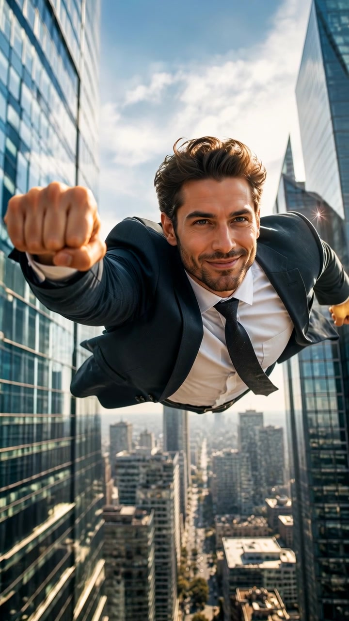 Uomo d'affari che vola sopra lo skyline della città in abito sartoriale e cravatta, in posa eroica con pugno in avanti tra le vetrate.