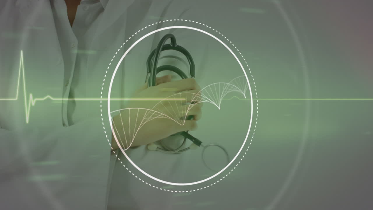 백인 여성 의사 의 중간 부분 위 에 있는 원 에 있는 dna 의 애니메이션