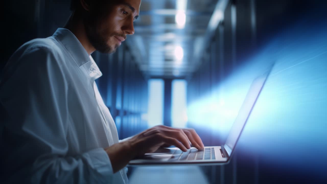 A focused individual works intently on a laptop in a server room, highlighting the intersection of technology, innovation, and modern digital environments