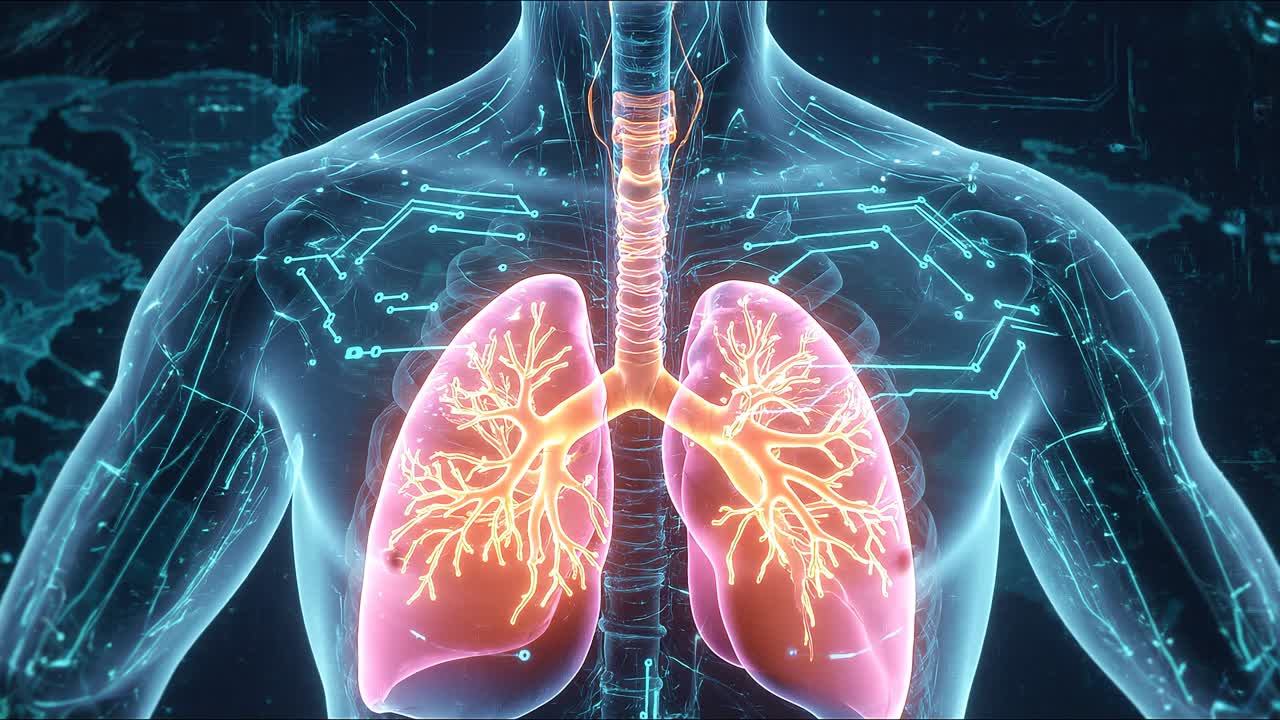 Corpo umano digitale con polmoni e trachea evidenziati su sfondo di rete globale che rappresenta i dati sulla salute respiratoria.