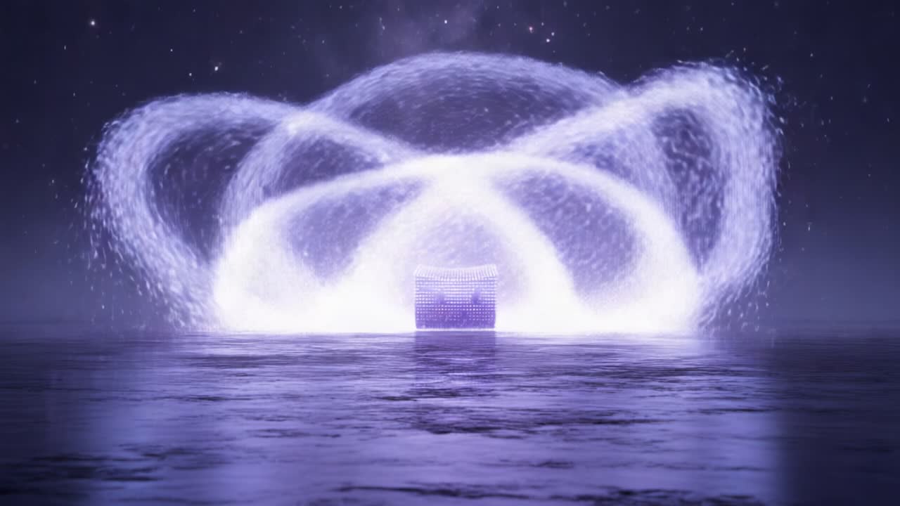 Mystical violet cube on a reflective surface under a starlit nebula. Generating intricate. Glowing particle rings that expand and swirl in a captivating cosmic dance. Creating a powerful energy field