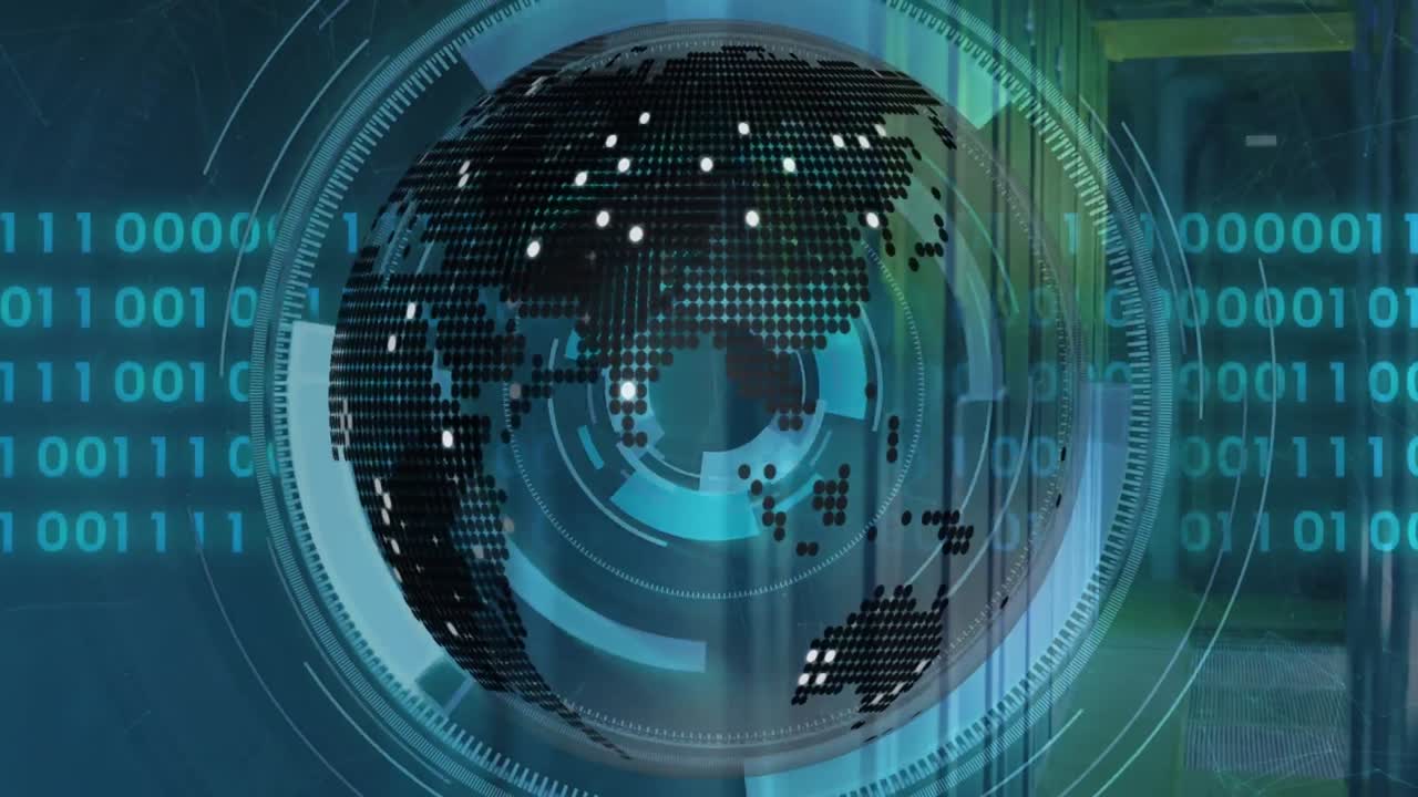 Animation of globe, loading circles and binary codes over data server room