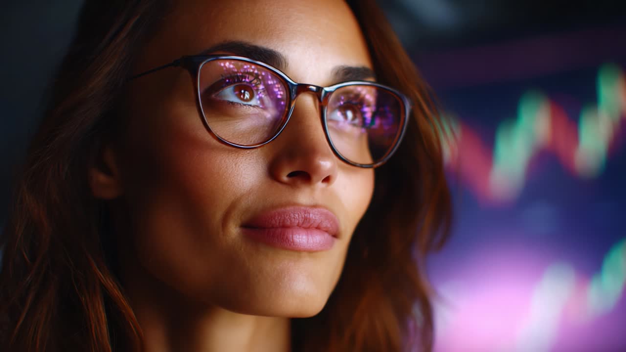 A Thoughtful Professional Analyzes Data Trends with Focused Intensity, Capturing the Essence of Dedication and Insight in a Modern Workspace Environment with Technological Backgrounds