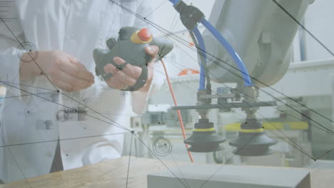 animation of network of connections over scientists holding vr headset in laboratory