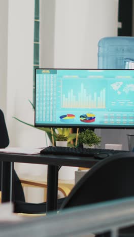 vertical video computer screen in company workspace showing trading platform and pie charts