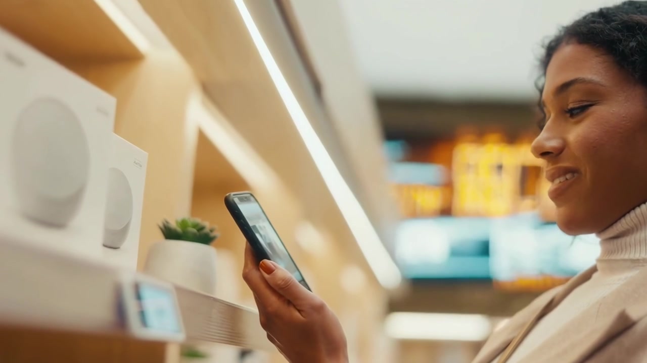 Junge Frau beim Einkauf von Smart-Home-Technologie in einem Einzelhandelsgeschäft
