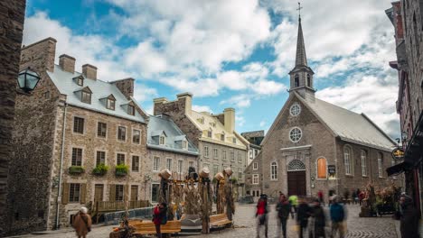 quebec city, canada, time lapse view of historic landmark place royale and notre-dame-des-victoires church, one of the oldest churches in north america