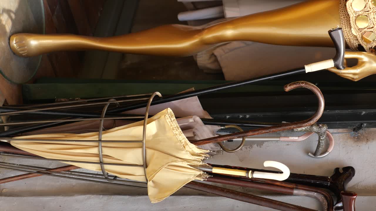 Collection of Walking Sticks and Umbrellas with a Mannequin Leg