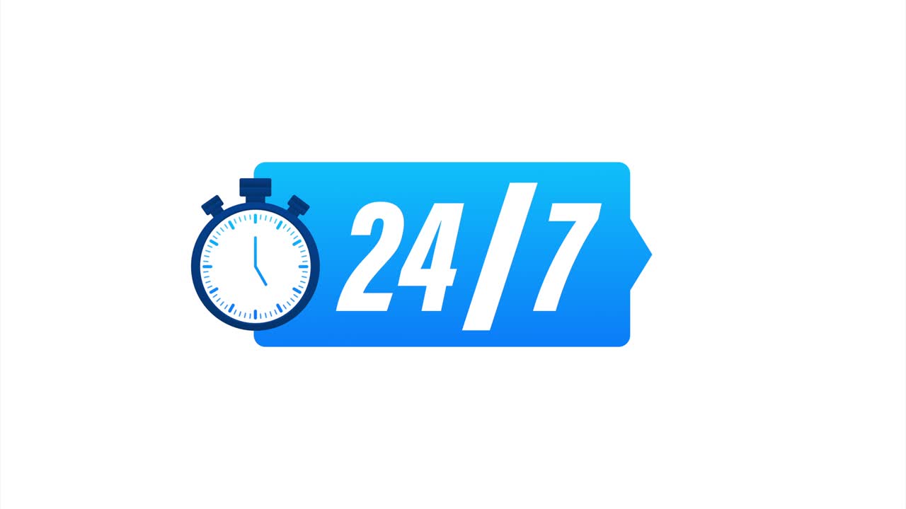 el concepto de servicio 24-7; abierto 24-7; icono de servicio de soporte; ilustración de stock.